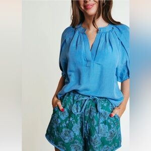 Blue Blouse and Green Floral Drawstring Shorts Set